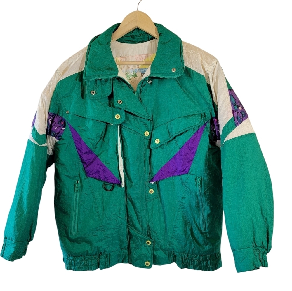 VTG FUDA Unisex Green Purple Color Block Bomber Jacket Sz M Outdoor Ski Full-Zip